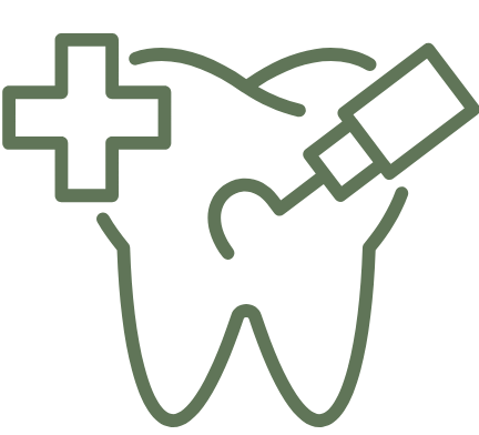 Icona di un dente con cerotto e simbolo medico, rappresenta le cure dentali e le emergenze.